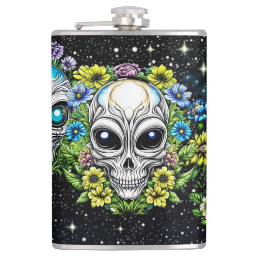 Extraterrestrische Alien Skulls und Blume Flachmann (Vorderseite)