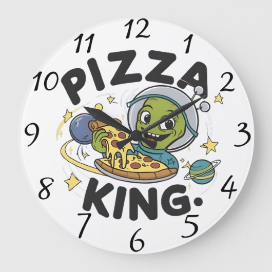Extraterrestrische Freude: Alien über Pizza Große Wanduhr (Vorderseite)