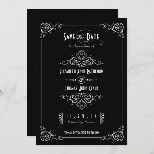 Extravagant Art Deco Schwarz & Weiß Save the Date (Vorne/Hinten)