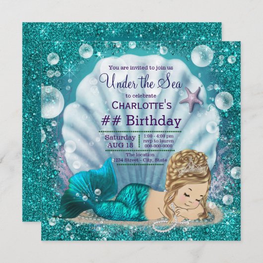 Extravagant Blonde Mermaid Birthday Party Einladung (Vorne/Hinten)