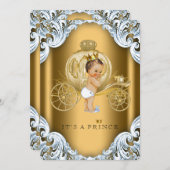 Extravagant Blue and Gold Carriage Prince Baby Dus Einladung (Vorne/Hinten)