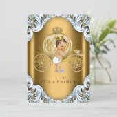 Extravagant Blue and Gold Carriage Prince Baby Dus Einladung (Stehend Vorderseite)