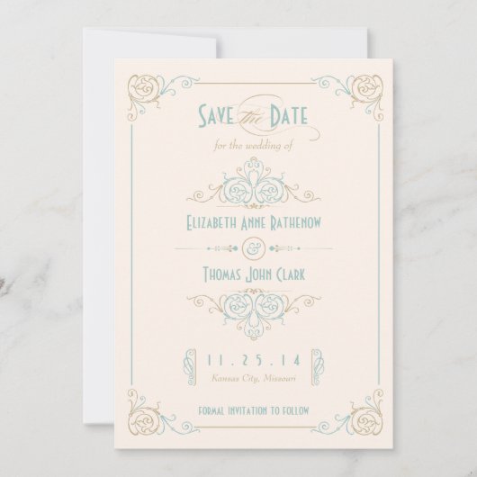 Extravagant Blue & Bronze Art Deco Save the Date (Vorderseite)