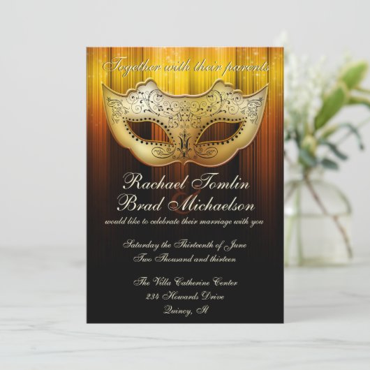 Extravagant blühen Sie Goldmaskerade-Hochzeit Einladung (Stehend Vorderseite)