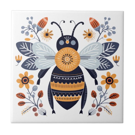 Extravagant Boho Honey Bee Scandinavian Folk Art Fliese (Vorderseite)