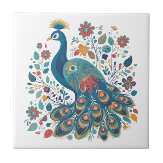 Extravagant Boho Peacock Skandinavische Folkloreku Fliese (Vorderseite)