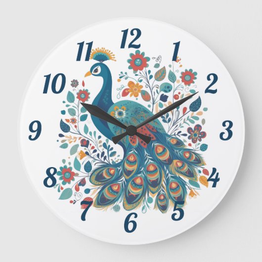 Extravagant Boho Peacock Skandinavische Folkloreku Große Wanduhr (Vorderseite)