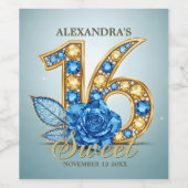 Extravagant Chic Blue Rose Gold Edelstein Sweet 16 Weinetikett (Einzelnes Label)