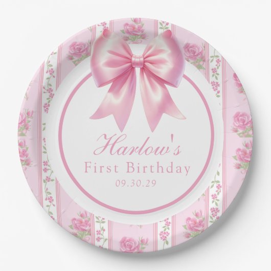 Extravagant ein rosa Coquette Bow Erster Geburtsta Pappteller (Vorderseite)