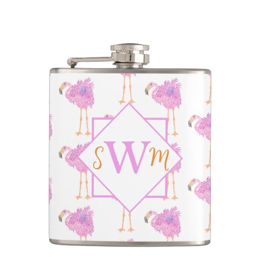 Extravagant Flamingo Mit Monogramm Flask Flachmann (Vorderseite)