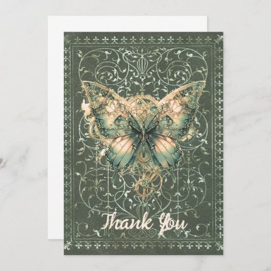 Extravagant Green Steampunk Butterfly Dankeskarte (Vorne/Hinten)