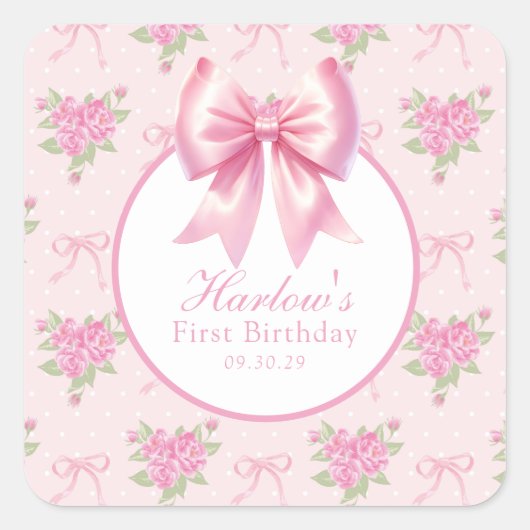 Extravagant One Pink Coquette Bow Geburtstag Quadratischer Aufkleber (Vorderseite)