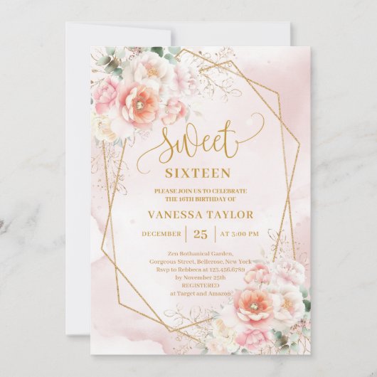 Extravagant Pastel Pink Sage Gold Floral Sweet 16 Einladung (Vorderseite)
