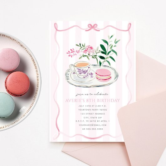 Extravagant Pink Bow Macaron Teezeremonie Party Co Einladung