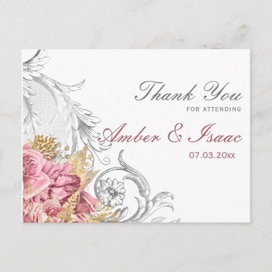 Extravagant Pink Floral Wedding Vielen Dank Postkarte (Vorderseite)