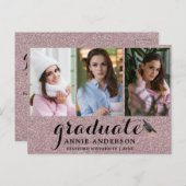 Extravagant Pink Glitzer 3 Foto Abschluss Einladun Postkarte (Vorne/Hinten)