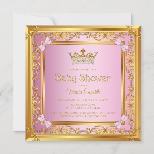 Extravagant Pink Gold Princess Kinderdusche Einlad Einladung (Rückseite)