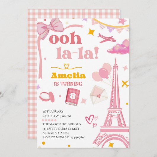Extravagant Pink Paris Eiffelturm Einladung Gingha (Vorne/Hinten)