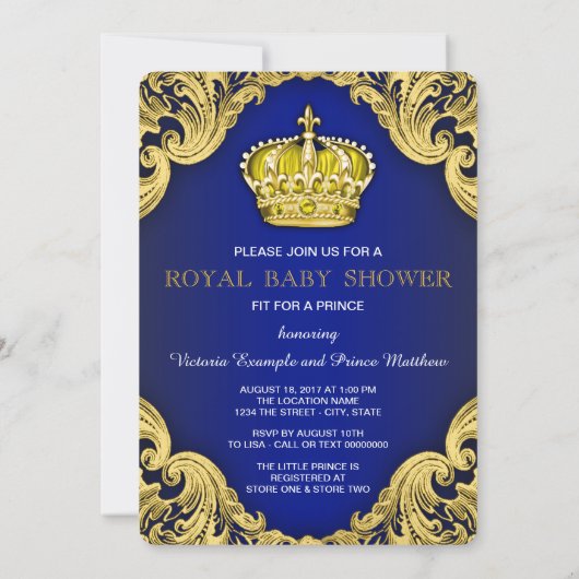 Extravagant Prince Baby Shower Blue und Gold Einladung (Rückseite)