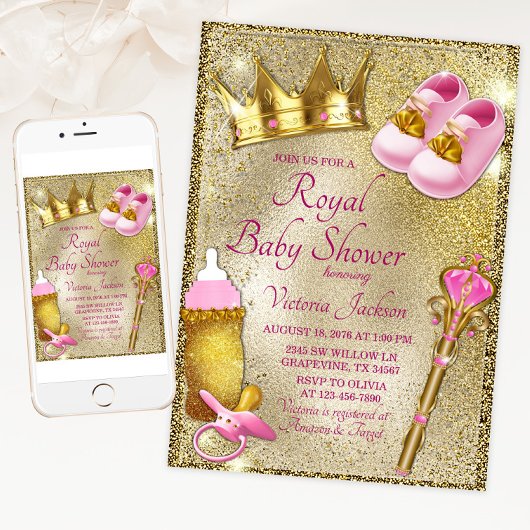 Extravagant Princess Pink Gold Baby Dusche Einladung