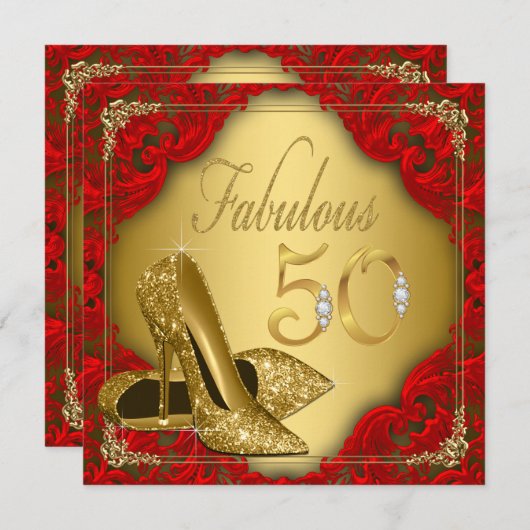 Extravagant Red Gold High Heel Fabulous 50. Geburt Einladung (Vorne/Hinten)