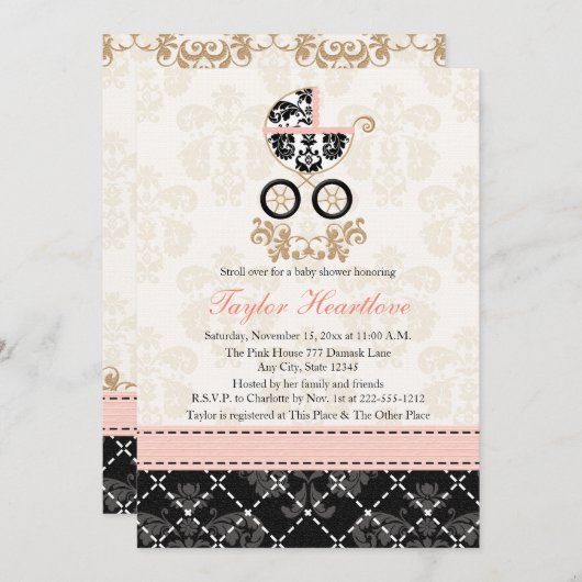Extravagant rosa und schwarze Damask Babydusche Einladung (Vorne/Hinten)