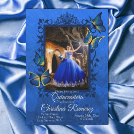Extravagant Royal Blue, Gold Butterfly Quinceanera Einladung