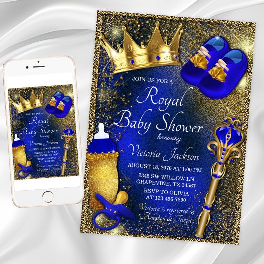Extravagant Royal Blue Prince Baby Dusche Einladung