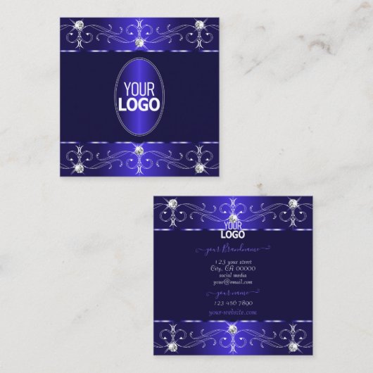 Extravagant Royal Blue Verziert Ornamente mit Logo Quadratische Visitenkarte (Vorne/Hinten)