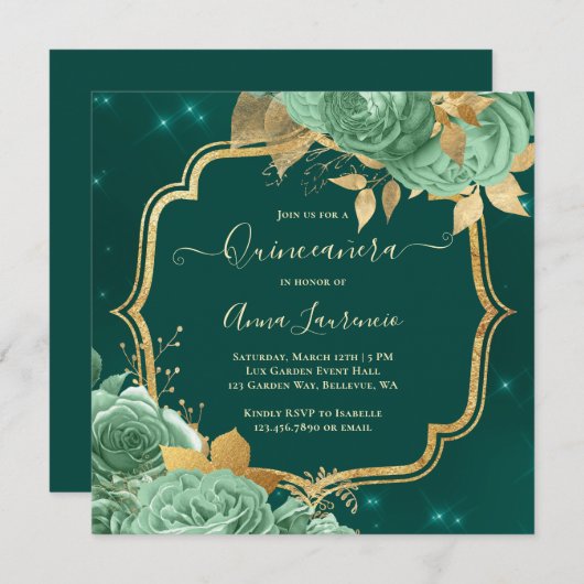 Extravagant Sage Green Emerald Gold Floral Quincea Einladung (Vorne/Hinten)