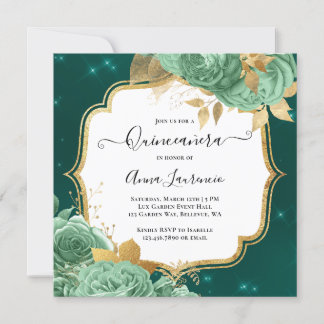Extravagant Sage Green Gold Floral Rose Quinceaner Einladung
