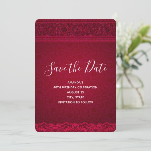 Extravagant und elegant roter Hintergrund Stilvoll Save The Date (Stehend Vorderseite)