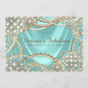 Extravagante Aquamarine Blue Ivory Pearl Birthday Einladung