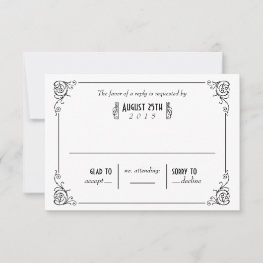 Extravagante Art Deco Black & White Wedding RSVP C Karte (Vorderseite)