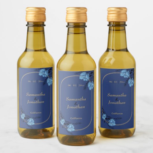 Extravagante blaue Blume Hochzeit Mini Flasche Wei Weinetikett (Flaschen)