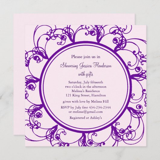 Extravagante Blumendusche (lila) Einladung (Vorne/Hinten)