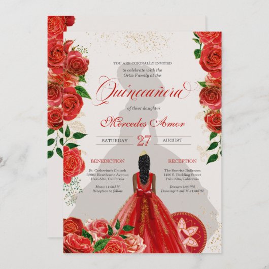 Extravagante Charro Rote Rosen Quinceanera Einladu Einladung (Vorne/Hinten)