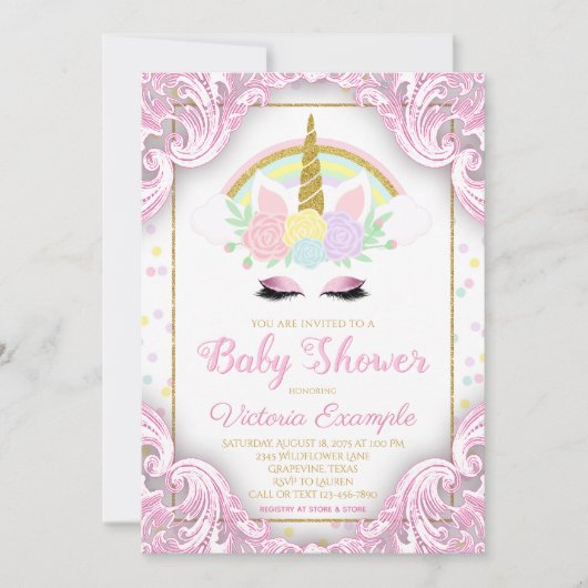 Extravagante Einhorn Baby Girl Dusche Einladungen (Vorderseite)