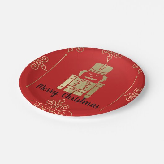Extravagante Elegante Gold & Red Nutcracker Urlaub Pappteller (Schrägansicht)