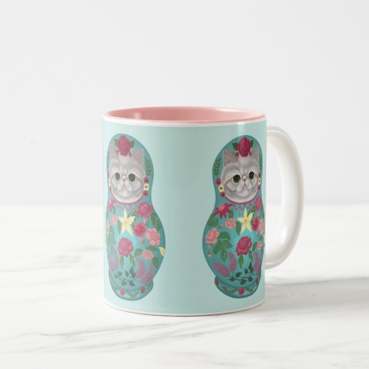 Extravagante florale Meowtreshka-Tasse Zweifarbige Tasse (VorderseiteRechts)