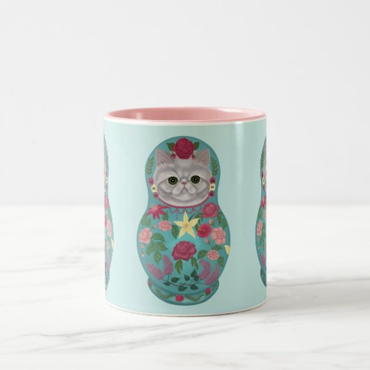 Extravagante florale Meowtreshka-Tasse Zweifarbige Tasse (Mittel)