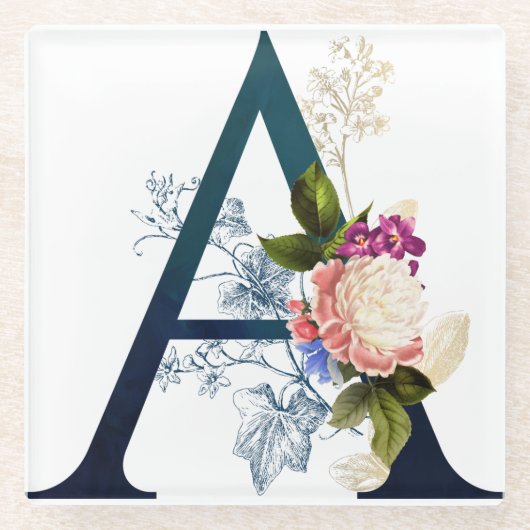 Extravagante florale Monogramm Letter A Glasuntersetzer (Vorderseite)