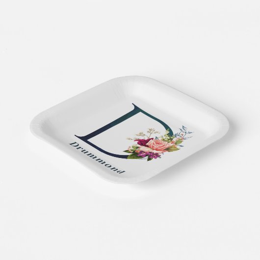 Extravagante florale Monogramm Letter D Custom Wed Pappteller (Gewinkelt)