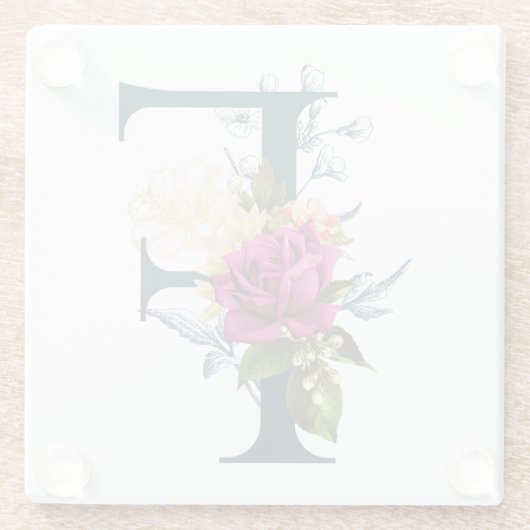 Extravagante florale Monogramm Letter F Glasuntersetzer (Rückseite)