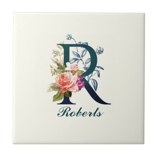 Extravagante florale Monogramm Letter R Fliese (Vorderseite)