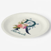 Extravagante florale Monogramm Letter R Pappteller (Schrägansicht)