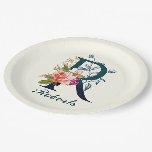 Extravagante florale Monogramm Letter R Pappteller (Schrägansicht)