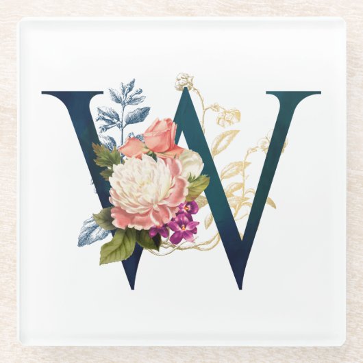 Extravagante florale Monogramm Letter W Glasuntersetzer (Vorderseite)