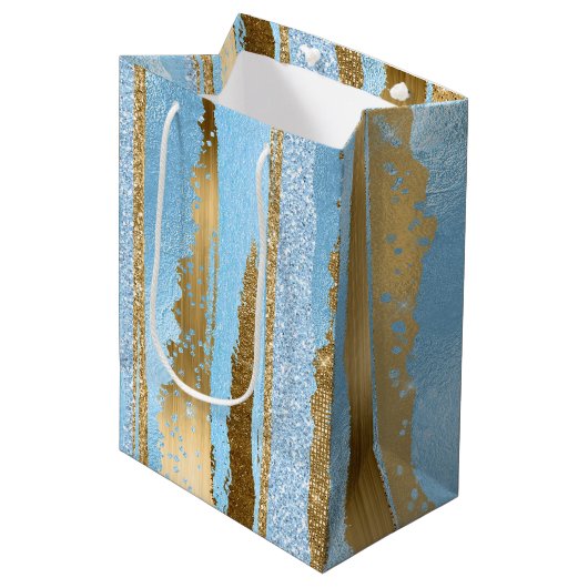 Extravagante Geschenktasche aus Blau und Gold Mittlere Geschenktüte (Vorderseite Schrägansicht)