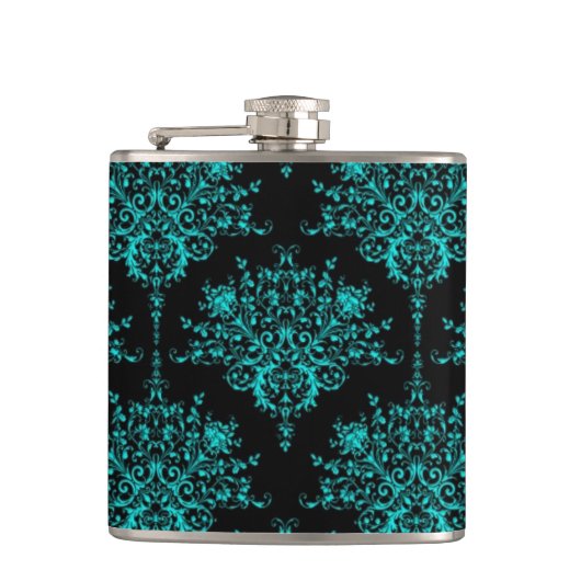 Extravagante Girly Floral Damask Stilvoll Schwarz Flachmann (Vorderseite)